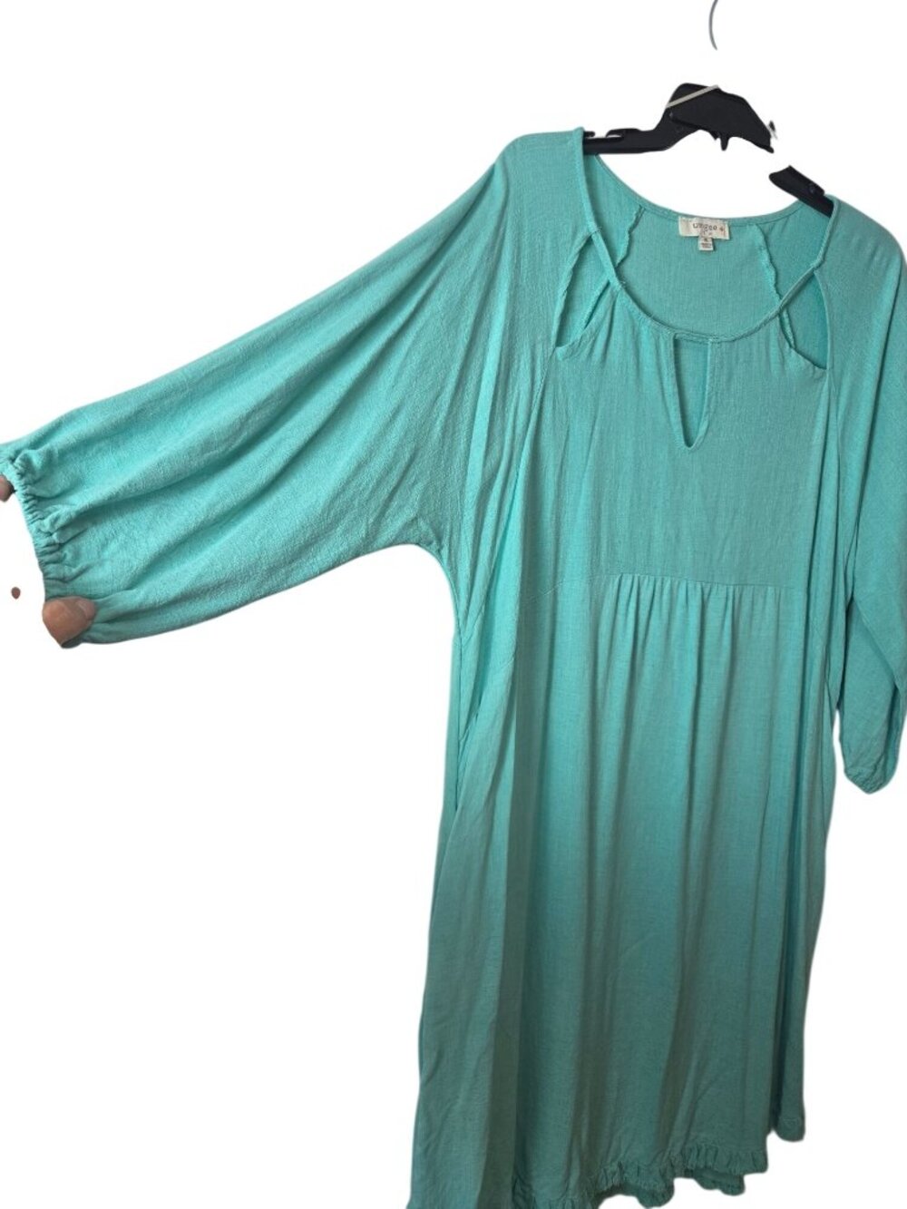 Umgee+ Turquoise Linen-Cotton Midi Dress 3/4 Sleeves Keyhole Neckline Ruffled He - Picture 5 of 12